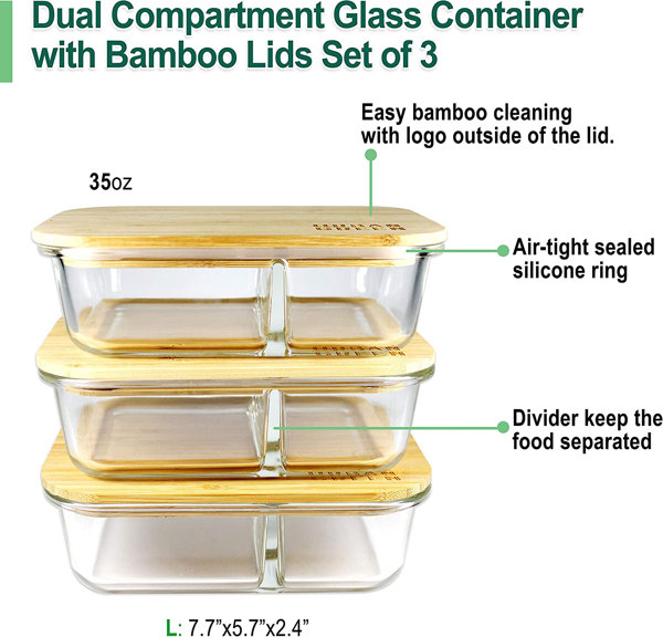 [5-Pack, 36 oz]Glass Meal Prep Containers 3 Compartment with Lids