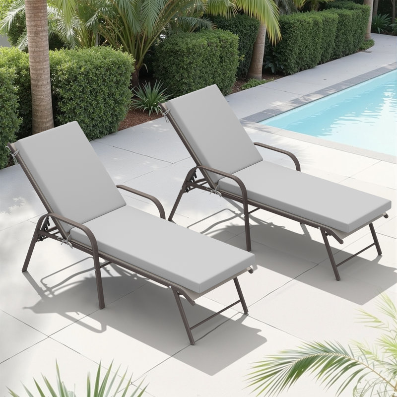 73.9" Aluminum Reclining Patio Chaise Lounge Chairs With Removable Cushions (Set Of 2 ), Light Gray, Champagne/Gray