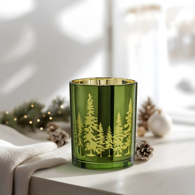 Emerald Woodland Glass Hurricane Candle Holder – 5" Tall For Pillar Candles