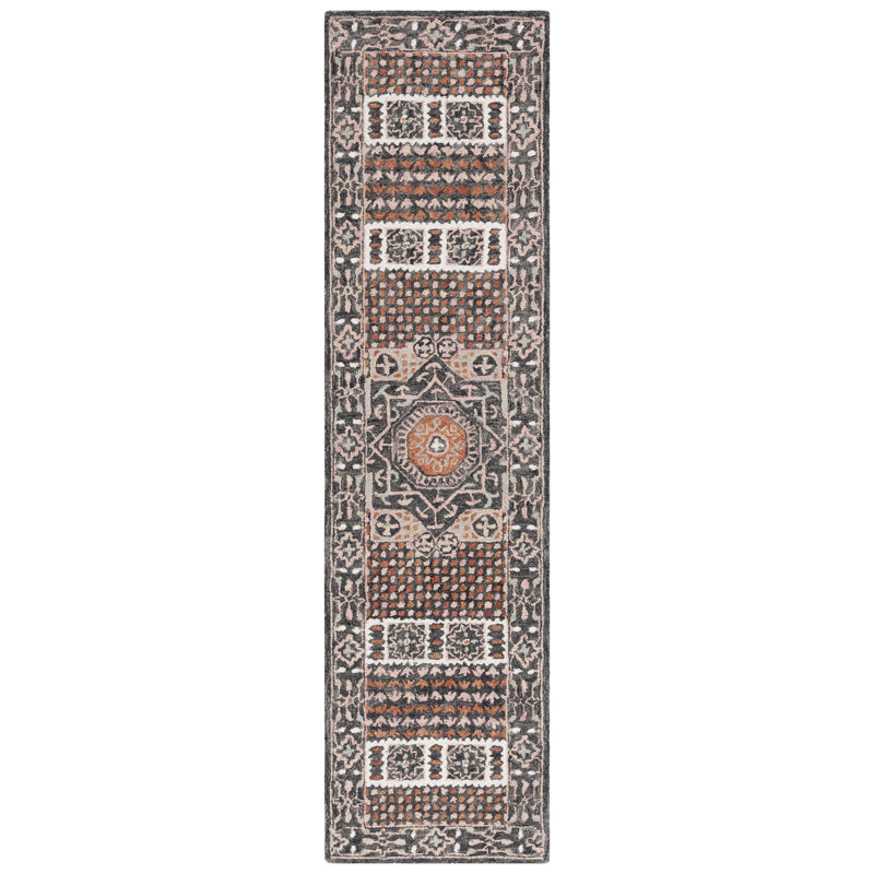Hand Tufted Wool/Cotton Oriental Rug in Black/Rust, Runner 2'3" x 9'