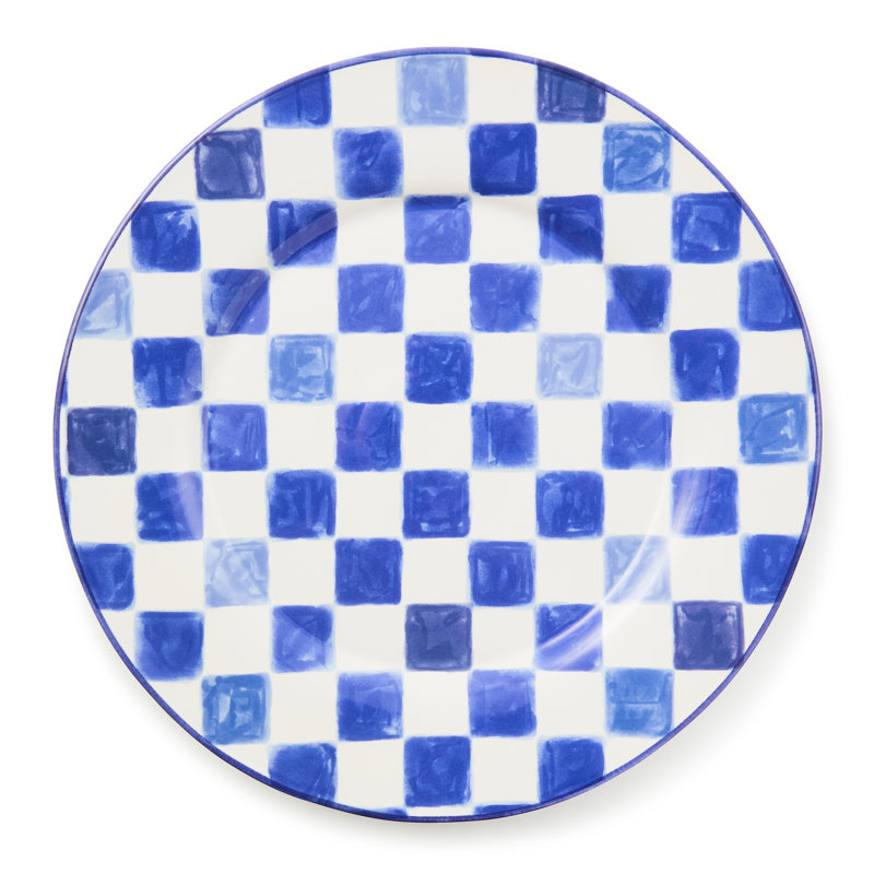 Check Round Platter, White/Blue