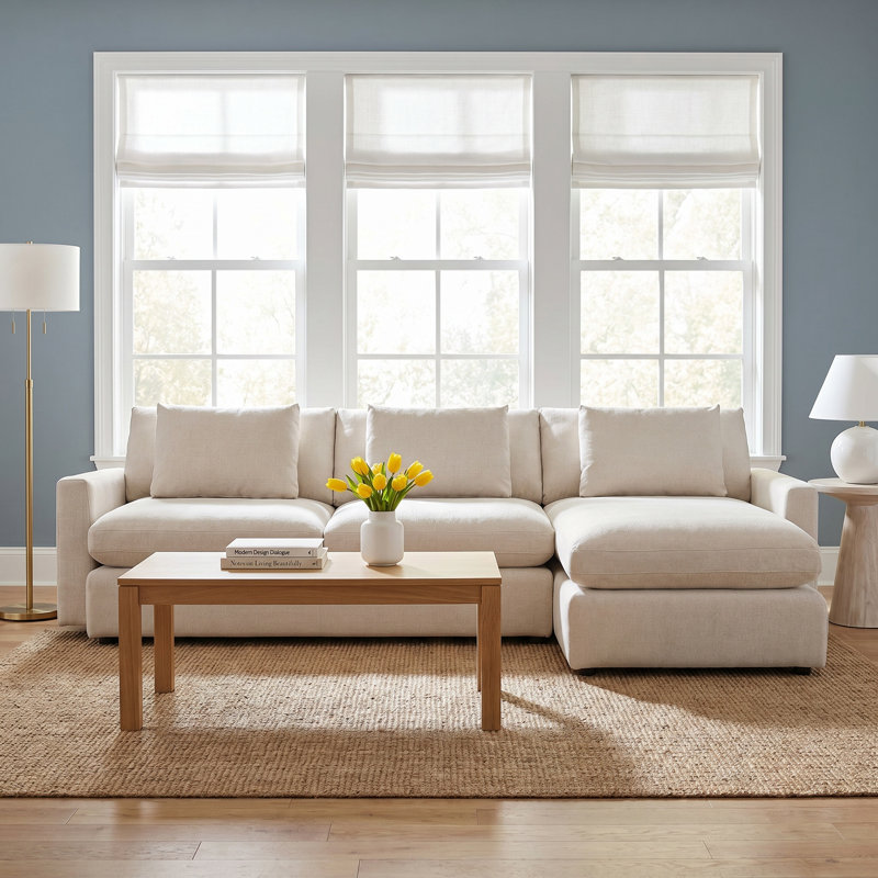 Arcadia 2PC Reversible Chaise Sectional W/ Feather Down Seating In Cream Fabric