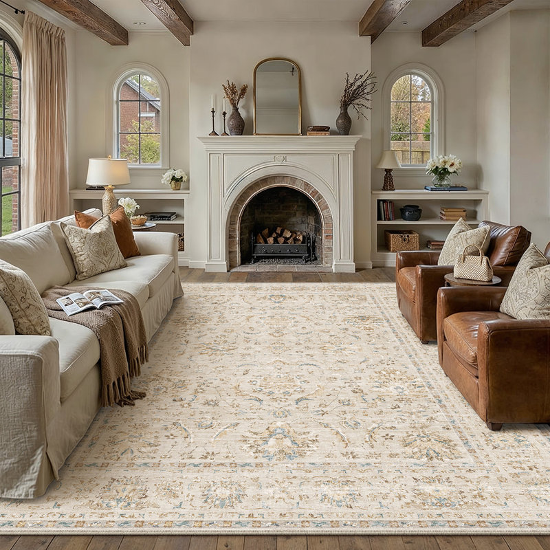 Quinn Vintage Washable Area Rug With Non-Slip Backing, Beige, Rectangle 9' x 12'