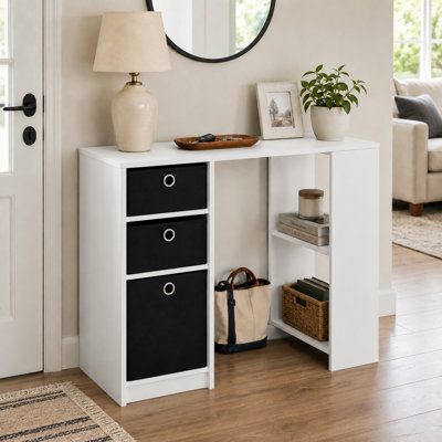 Table de vestibule Furinno JAYA de 40 po avec 3 tiroirs en tissu, console avec tablettes ouvertes, tables de canapé derrière le canapé, pour salon, vestibule, couloir, blanc