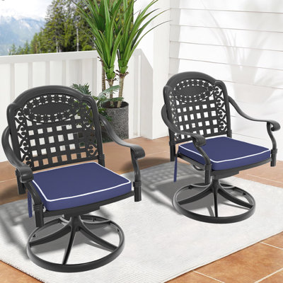 Chaises pivotantes d'extérieur en aluminium coulé pour 2 personnes, structure noire, coussins aléatoires confortables, patio de 2 pièces avec cadres et couleurs résistantes aux intempéries