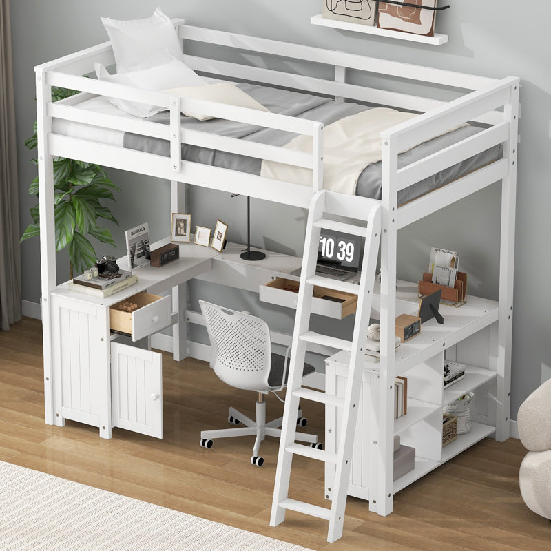 Full Size Loft Bed with U-shaped Desk, Drawers and Storage Shelves,, Full, White