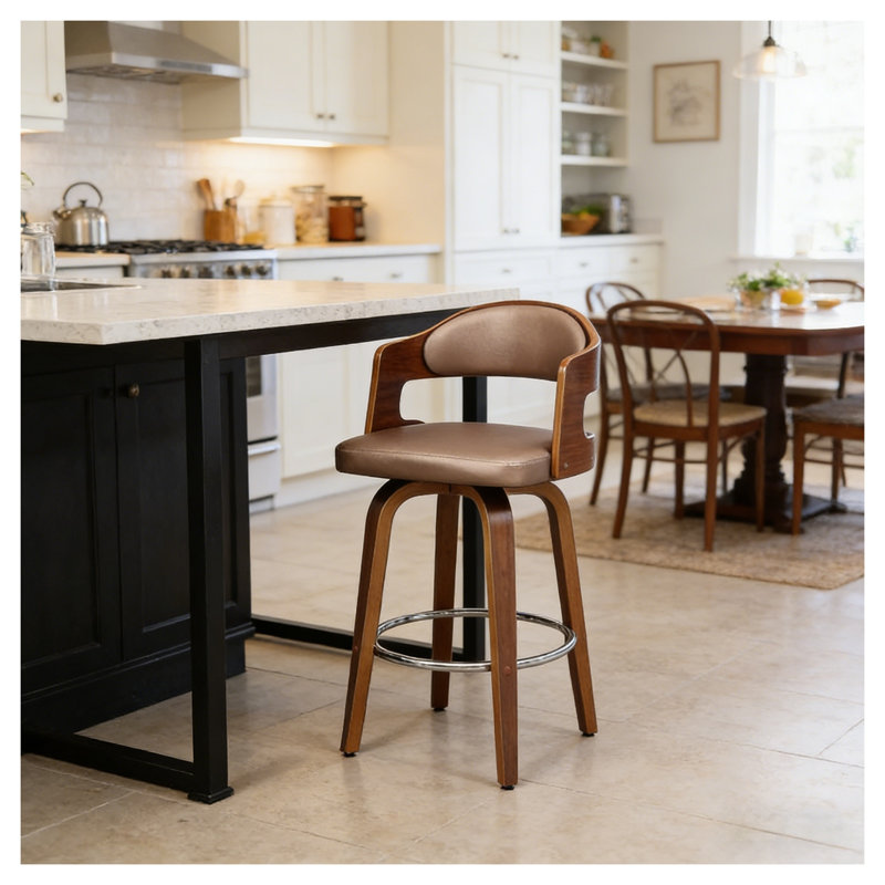 Tabouret de comptoir Mid-Century en métal doré rose avec bois courbé et similicuir