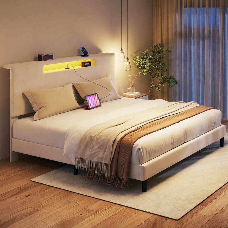 Très grand cadre de lit tapissier très grand, DEL et charge, tête de lit avec rangement, sans sommier, beige, KING, Beige