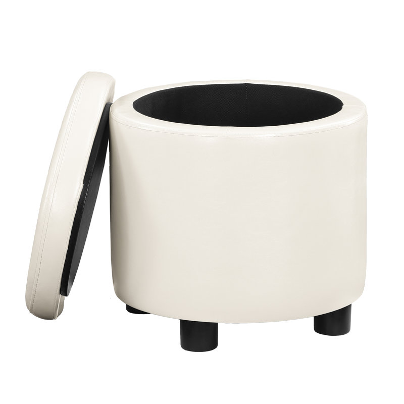 Ahl Arsy 15.75'' Wide Faux Leather Round Storage Ottoman with Reversible Tray Lid, Ivory Faux Leather