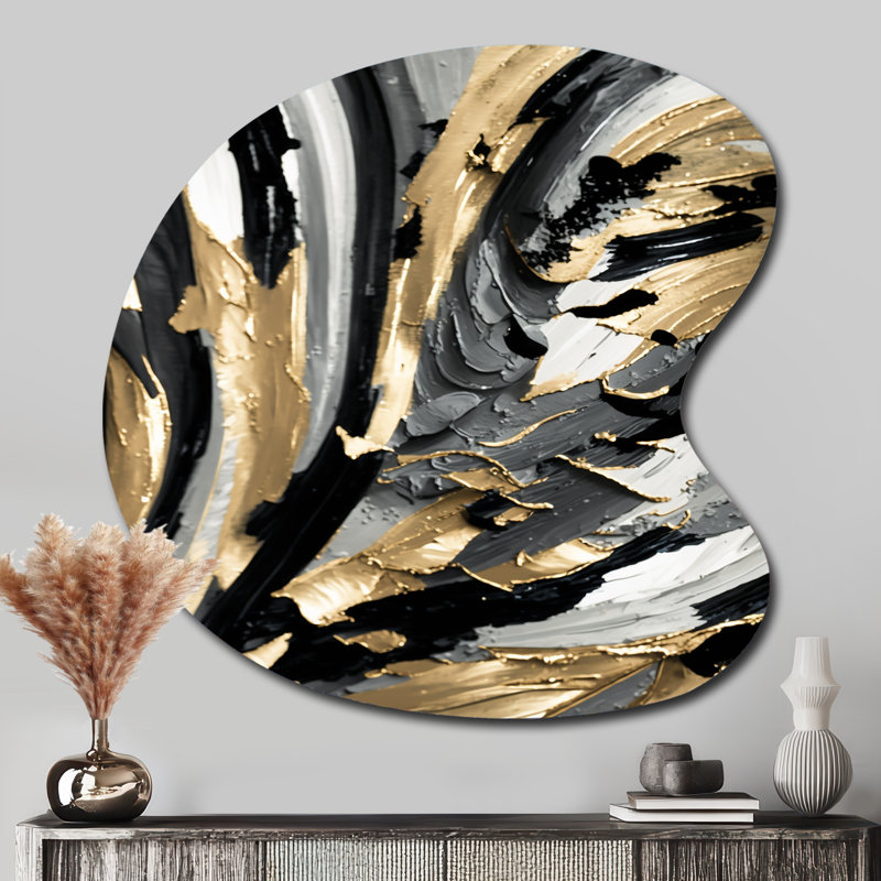 Rythme de plaisir abstrait noir et or I - art abstrait en forme de goutte en métal assymétrique, H 33 po x l 33 po