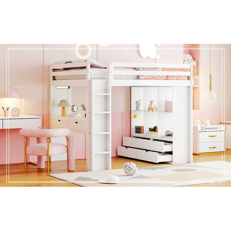 Lit mezzanine double avec grandes tablettes