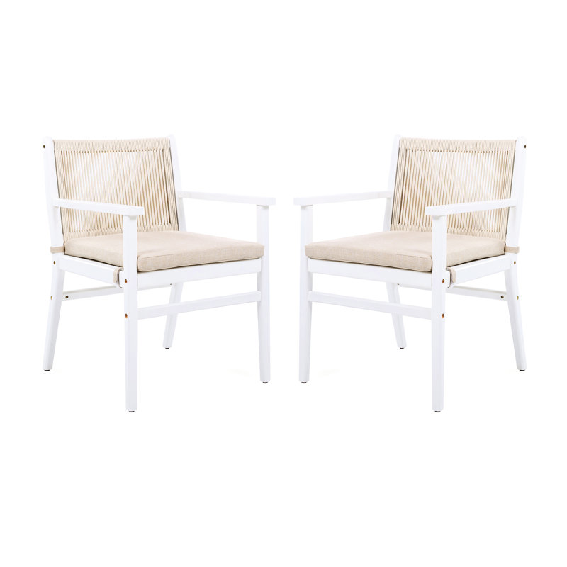 Chaises de salle à manger de patio pour 2 personnes, bois, dossier en corde, coussin imperméable, structure blanche, capacité de 400 lb, fixation du coussin lavable à la machine, ergonomique confortable convenant aux fauteuils de balcon, 2 pièces,