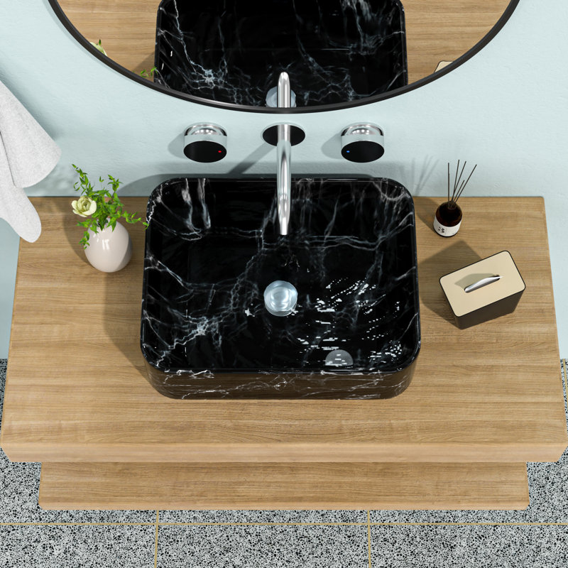 19"X15" Black And Gray Marble Pattern Ceramic Rectangular Vessel Bathroom Sink, Black/Gray