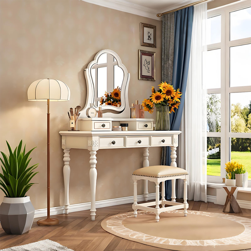 39.37"American-style white solid wood dressing table with mirror