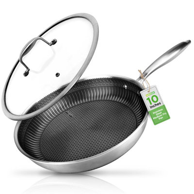 Nutrichef 10” Non-Stick Stainless Steel Frying Pan With Lid, Triply Stainless Steel Cookware, Etched Non-Stick Coating, Oven & Induction Safe, Premium Stainless Steel Frying Pan, PFOA/PFOS Free
