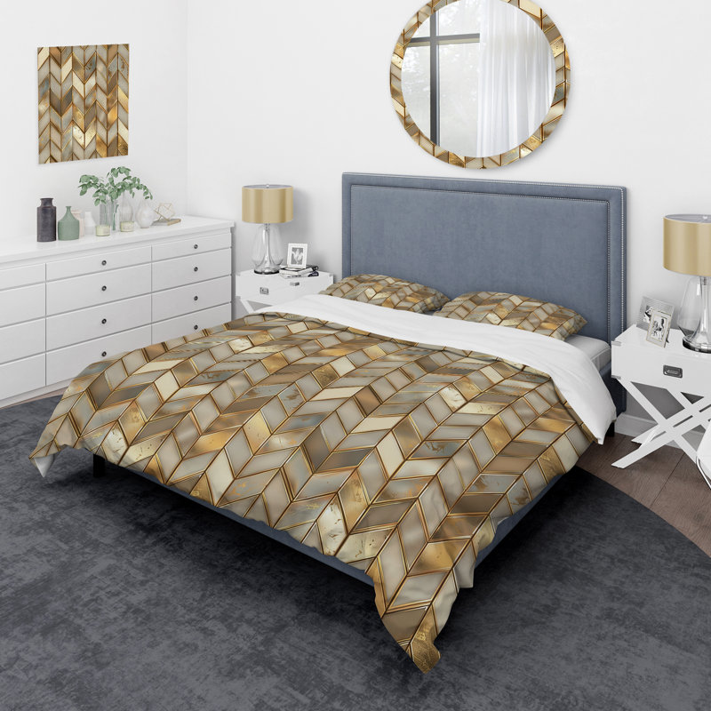 Ensemble de housse de couette beige doré à chevrons métalliques Glam III - Glam