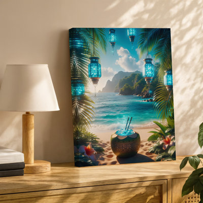 Toile une scène tropicale vibrante avec une grande tasse d'art de noix de coco au design complexe, remplie de glace, ornée d'une toile bleue brillante