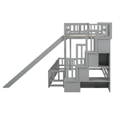 Twin Over Full Bunk Bed with Slide, Storage Staircase, Pine Solid Wooden Bunk Bed with Safety Guardrails  ,Grey