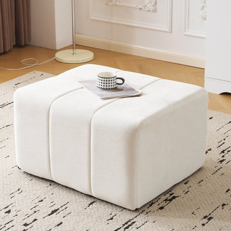 Square Stuffed Pouf Ottoman,Chenille Poufs With Foam Chunk Filling，Beige, Beige