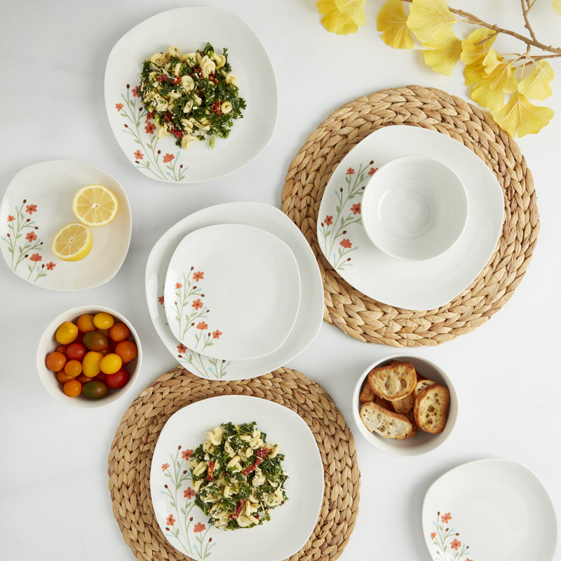 Caroline White Floral Porcelain Square Dinnerware Set, Service for 4