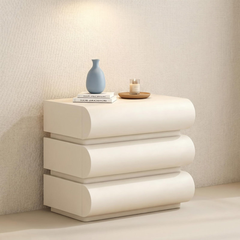 Cream Wavy Curved 3 Drawer Nightstand, Solid Wood Core No Assembly Minimalist Cloud Bedside Table, Large Storage Modern Bedroom Accent Cabinet