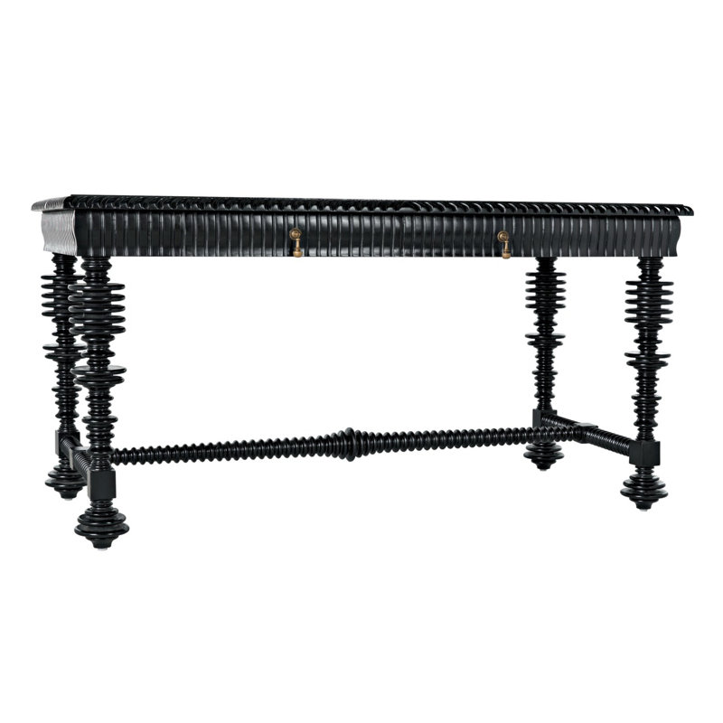 Elegant Portuguese 60'' Hand Rubbed Black Solid Wood Writing Desk with Drawer
