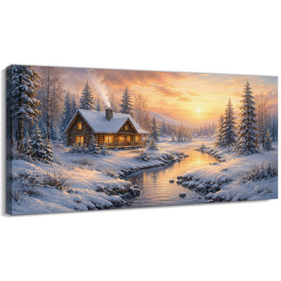 Décoration murale hivernale enneigée, toile imprimée 24x48 pouces représentant un chalet de Noël au lever du soleil sur un ruisseau.