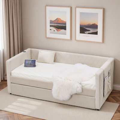 Diamond Grid Velvet Daybed With Usb Charging, Side Pocket And Trundle