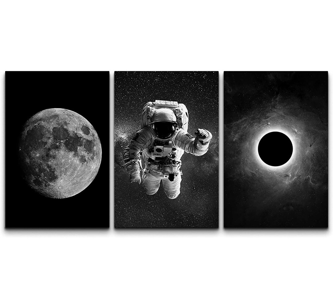 Outer Space " Astronaut And Grand Eclipse Moon " 3 - Pieces IDEA4WALL 