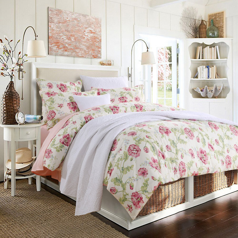 Ensemble de housse de couette de luxe en coton rose et vert, Housse de couette pour grand lit et 2 taies décor