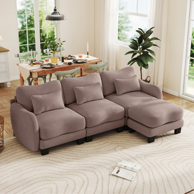 101" Curved Chenille L-Shaped Sectional Sofa with Ottoman & 3 Lumbar Pillows, Cloud Comfort 3-Seater Couch, Dusty Rose Taupe