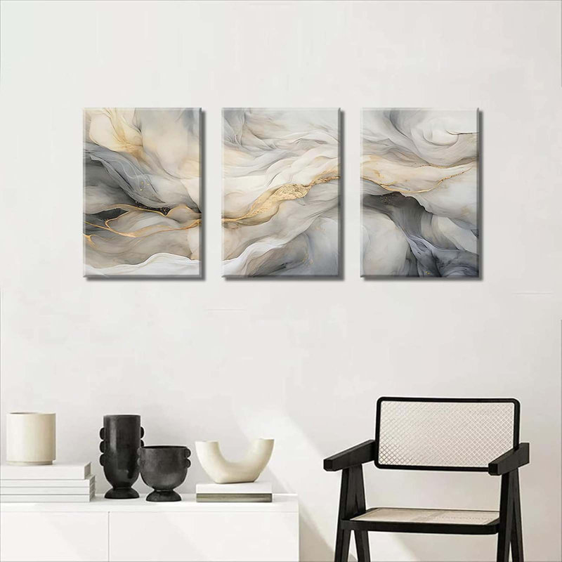Grey Canvas Wall Art Set Of 3 Abstract Marble Fluid Wall Decor Pictures Neutral Modern Minimalist Posters Prints For Living Room Bedroom Home Decoration