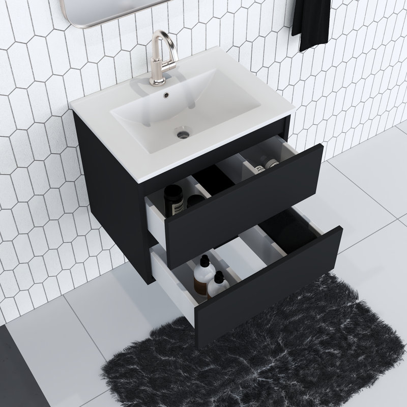Salt 24'' Single Bathroom Vanity with Ceramic Top, Glossy Black