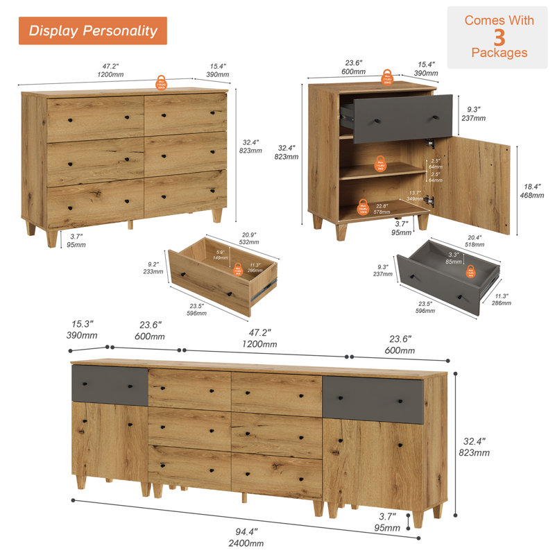 3-In-1 Dresser Chests With 8 Drawers And 2 Shelves For Bedroom, Oak/Brown