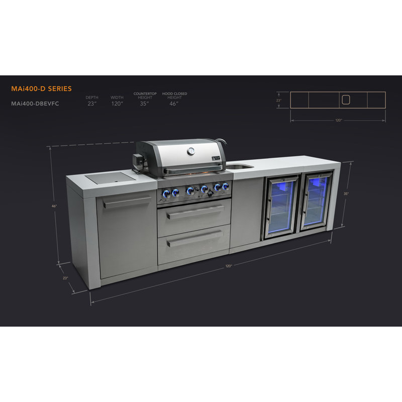 Mont Alpi 4-Burner Deluxe Stainless Steel Island BBQ Grill + Faucet & Sink Combo + 2 Refrigerators
