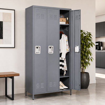 Bizoe Grey 72"H Metal Lockers With Lock And 3 Doors For Employees,Storage Locker Cabinet For Home Gym Office School Garage