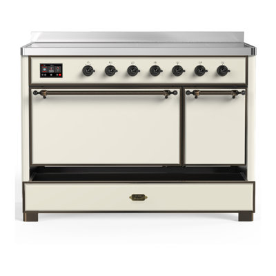 Cuisinière à induction de 48 pouces avec 6 éléments à induction en blanc antique (garniture brunie) Majestic III Series