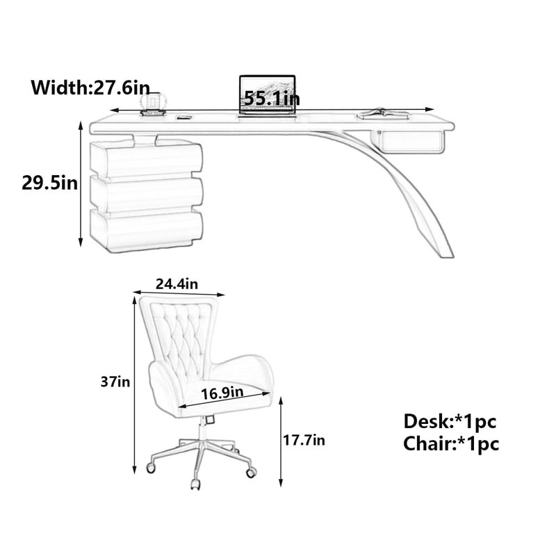 Bureau moderne crème avec travail spacieux, H 29,5 po x l 55,1 po x P 27,6 po