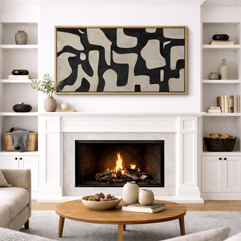 Mid Century Shape Abstract Contours, Black And White Beige Artwork, Retro Bedroom Home Decor, Extra Large Framed Canvas Print Wall Art