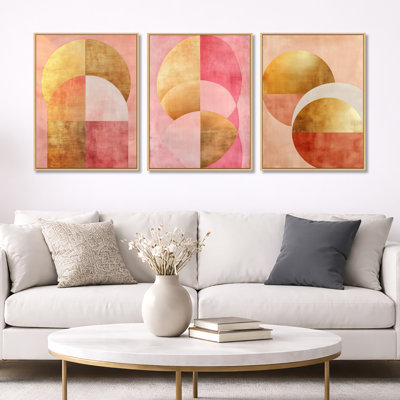 Contemporary Flow III – Pink & Gold Arcs – Abstract 3 Piece Wall Art