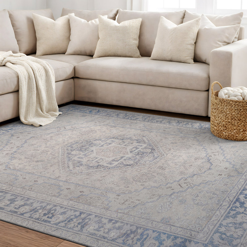 Tapis bleu tissé à plat lavable Valora avec envers antidérapant, Rectangle 5' x 7'