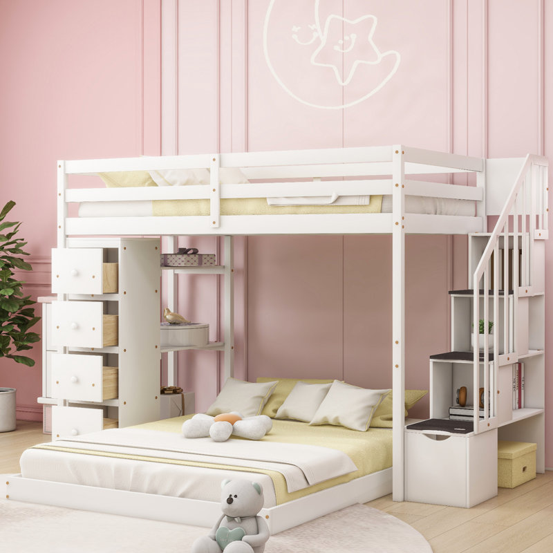 Élégant lit simple superposé au-dessus d'un lit double en blanc - Comprend des tablettes à 3 niveaux, des tiroirs et des éléments de rangement pour les escaliers maximisent la capacité de votre chambre à coucher