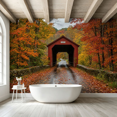 Peel and Stick Wallpaper Wall Mural Red Covered Bridge Surrounded by Vibrant Autumn Foliage Wet Road Wall Art Self Adhesive and Removable