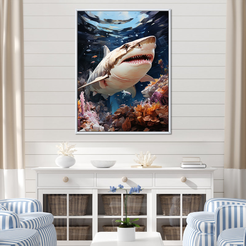 " Silent Hunter Sharks Portrait ", White Floater Framed, 44" H x 34" W x 1.5" D