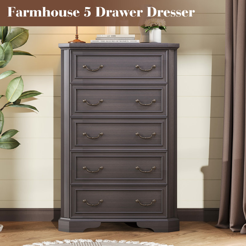 Farmhouse Tall 5 Drawers Dresser For Bedroom, Wood Rustic Chest Of Drawers With Corner Bevel Shape, Closet Storage Dressers Organizer For Bedroom, Living Room, Hallway