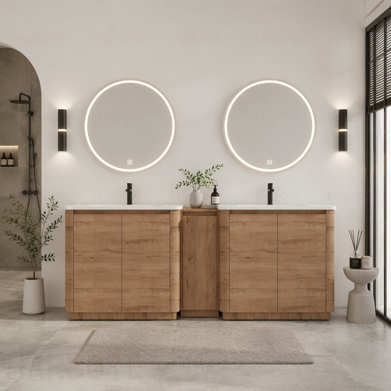 Meuble-lavabo autoportant avec lavabo en céramique et 1 petite armoire de rangement, porte à fermeture en douceur, emballage d'imitation, contreplaqué
