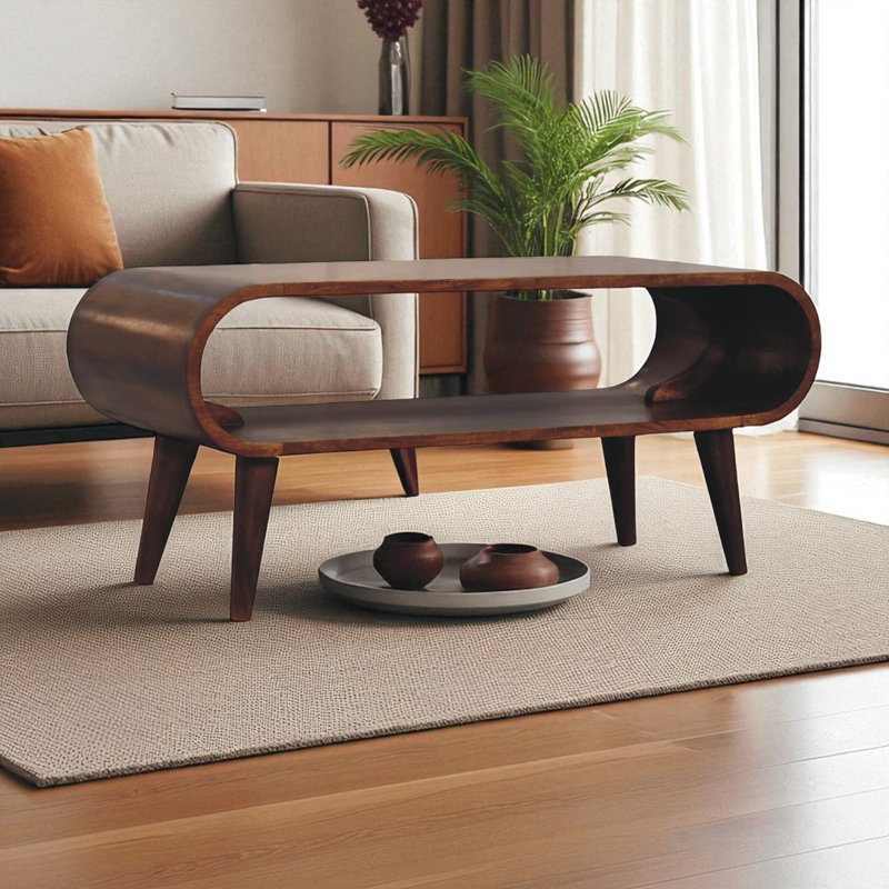 Feumore Solid Wood Four Leg Coffee Table with Storage, Light Brown