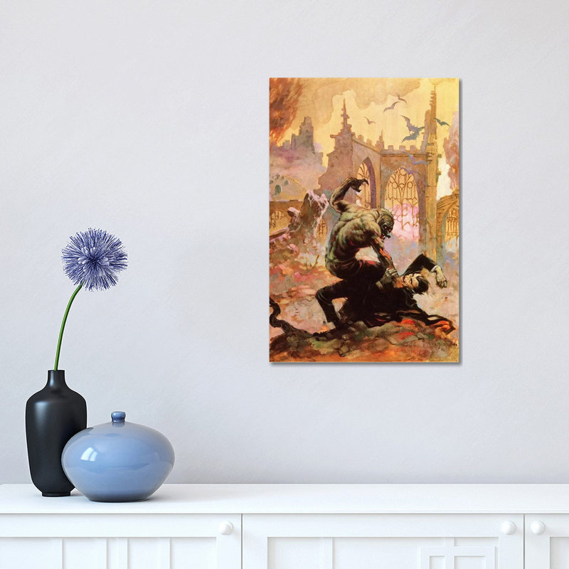 Dracula Vs Wolfman by Frank Frazetta - Print on Canvas, Wrapped Canvas, 30.48 cm H x 45.72 cm W
