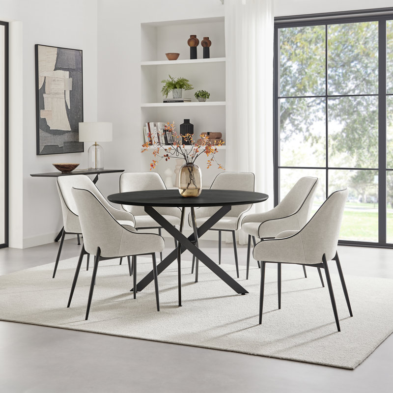 Hadlow Veneer & Metal Round Dining Table With Ophelia Fabric Chairs - Modern Statement Design, Cream, 6