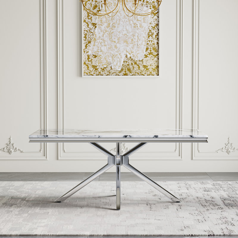 5-Piece Modern Dining Set, 70” Faux Marble Rectangular Table with Metal Base & 4 PU Leather C-Shape Base Chairs, White/Silver